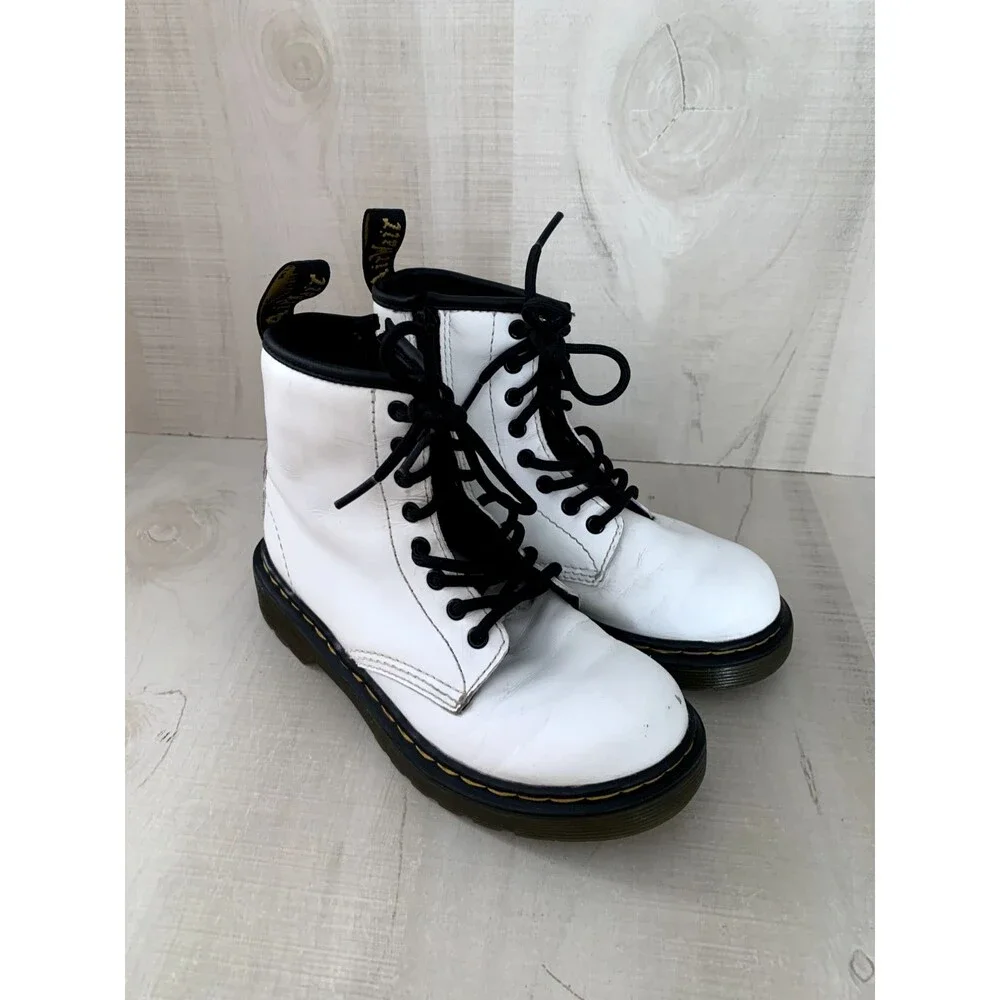 Dr. Martens White and Black Kids Lace-Up Leather Boots